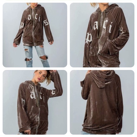 ESSUE Velour Paris Jacket Mocha Zip Up Oversized Hoodie Pockets SMALL - Picture 4 of 17